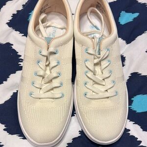 Nurture Cream Knit Lace-Up Sneakers with Light Blue Eyelets